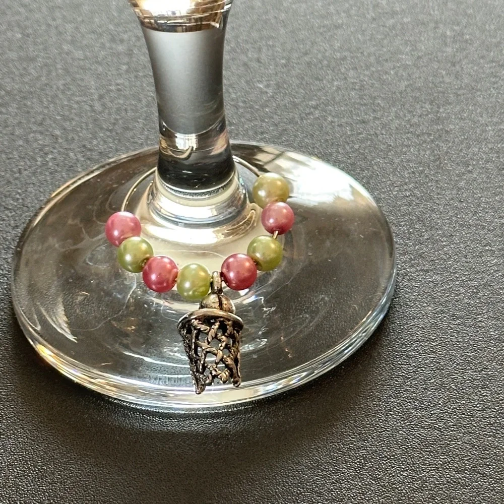Wine glass tag, stainless steel hoop, green/pink beads, basketball charm